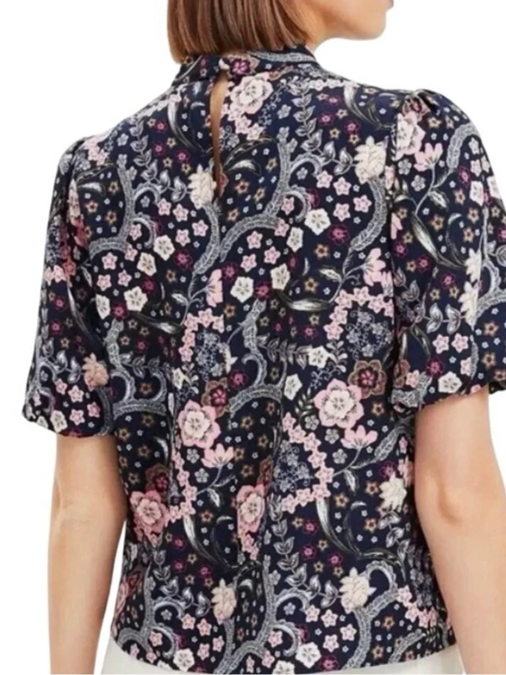LOFT Navy and Pink Floral Tie-Neck Button Down Shirt Puff Sleeve Size XXL